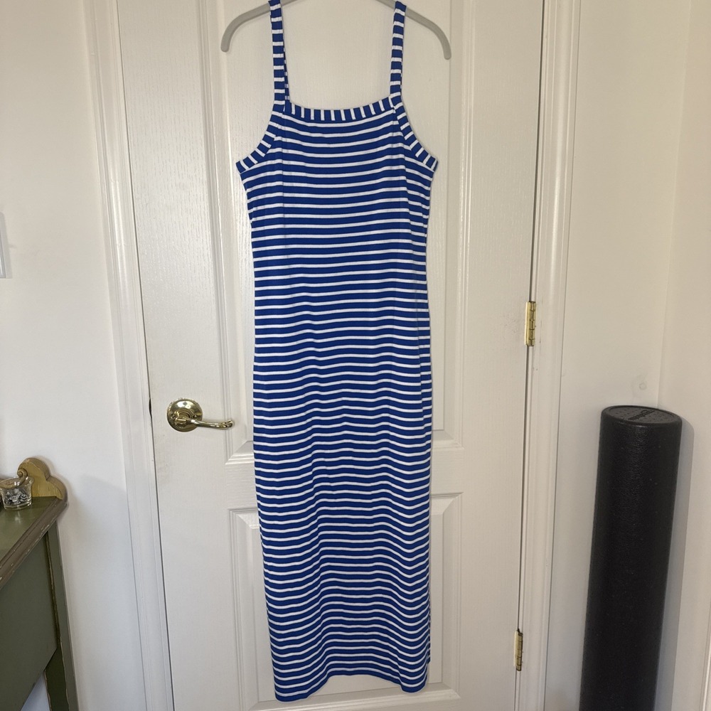 LOFT Blue White Stripe Ribbed Tank Maxi Dress Built In Bra Size 10